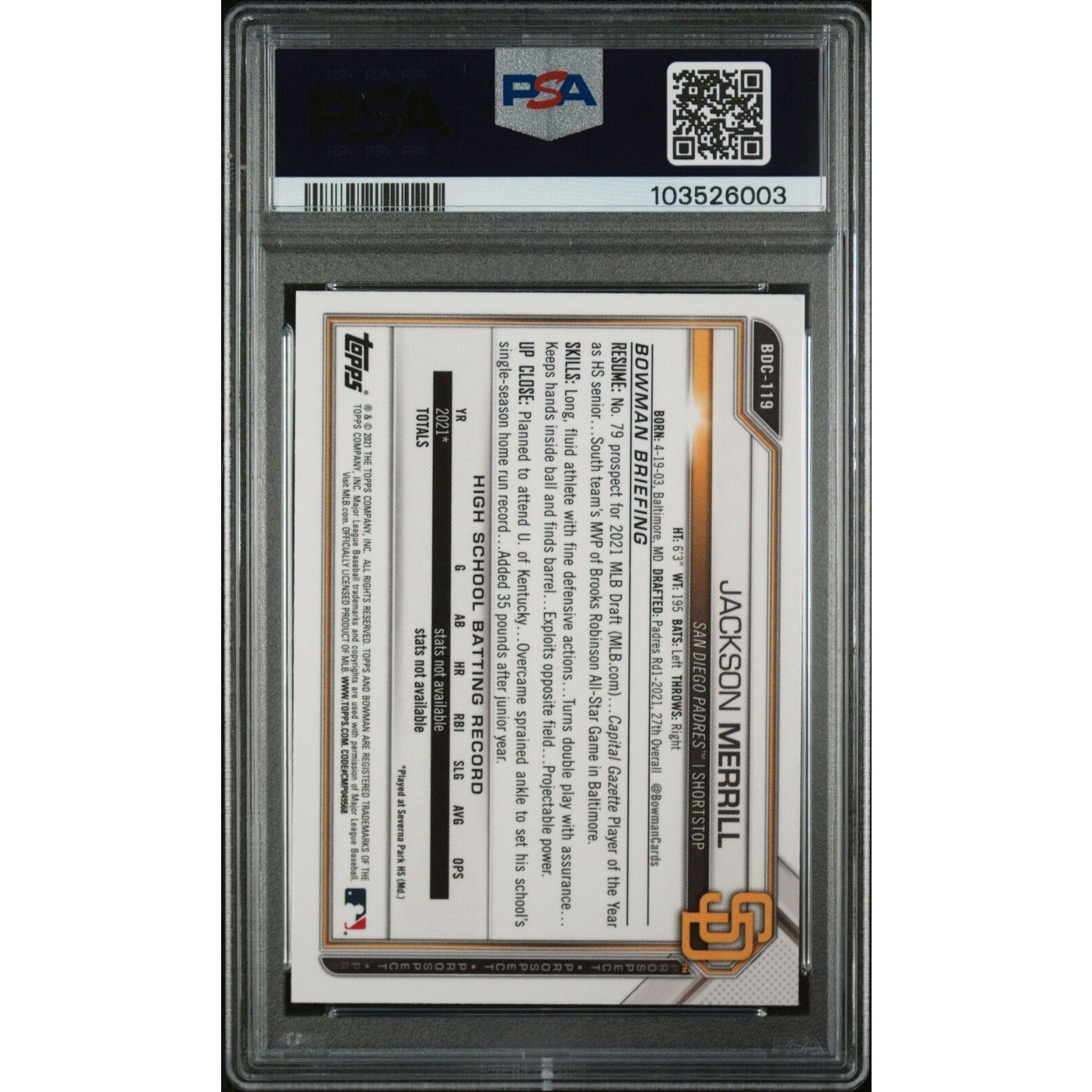 Back view of 2021 Bowman Draft Chrome Jackson Merrill prospect baseball card graded PSA 9 for Padres collectors