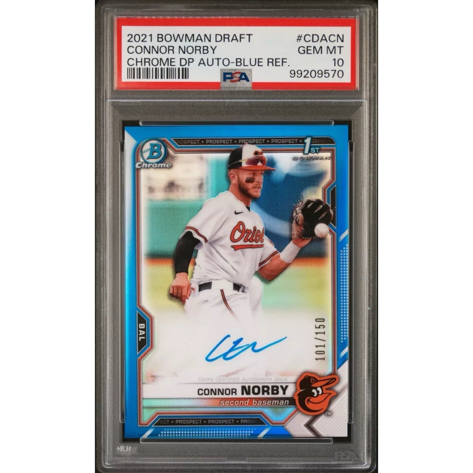 2021 Bowman Draft Connor Norby Blue Refractor Chrome autograph rookie card #CDA-CN /150 PSA 10 Baltimore Orioles front view