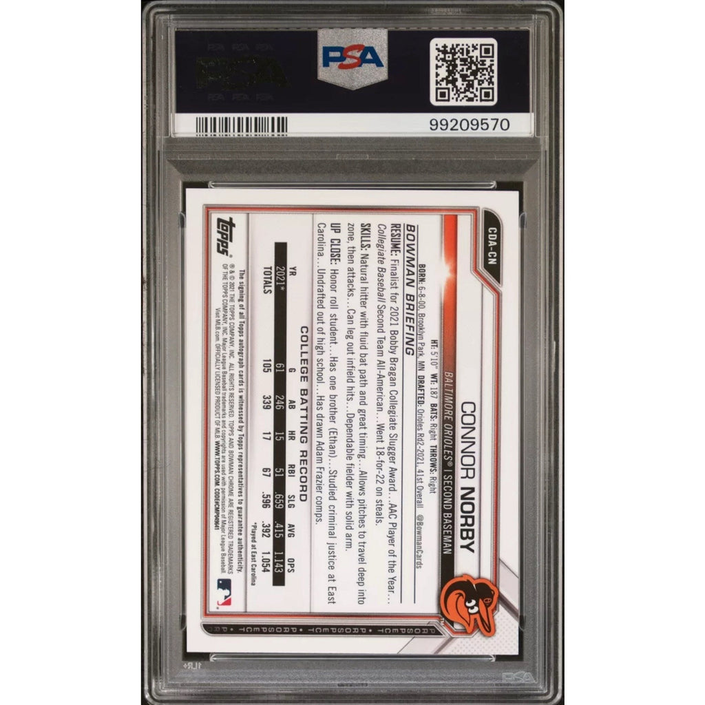 Back view of 2021 Bowman Draft Connor Norby Blue Refractor auto baseball card graded PSA 10 numbered to 150