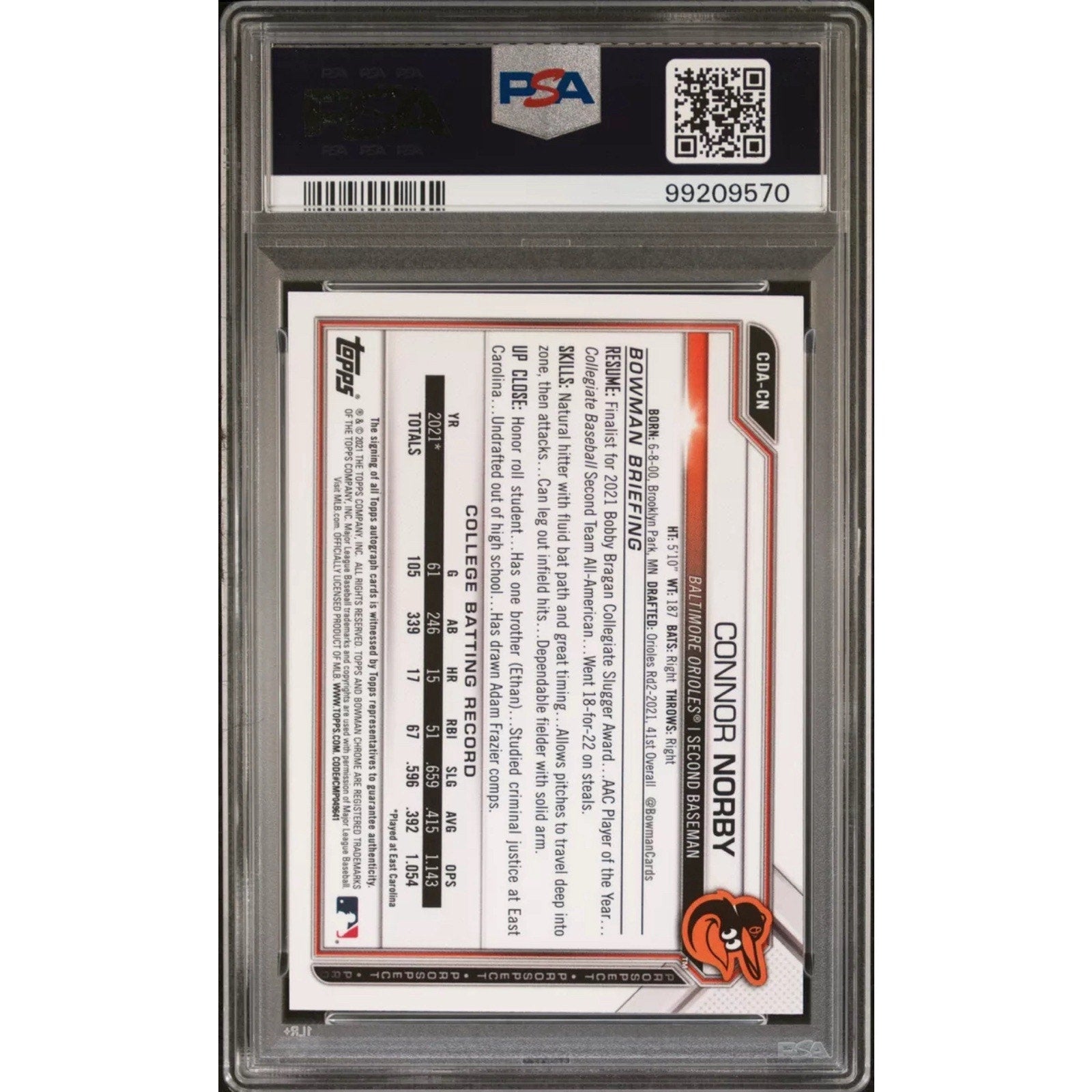 Back view of 2021 Bowman Draft Connor Norby Blue Refractor auto baseball card graded PSA 10 numbered to 150