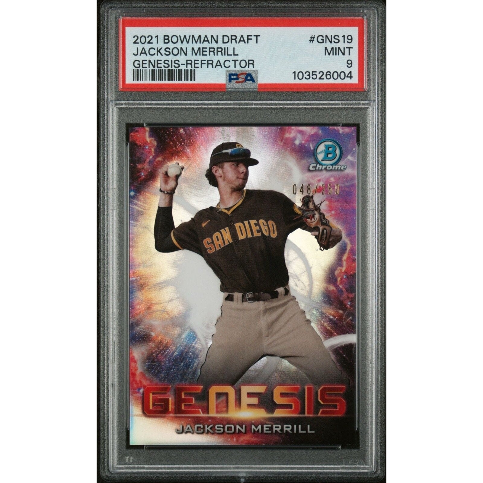 2021 Bowman Draft Genesis Jackson Merrill Refractor #GNS-19 /250 PSA 9 San Diego Padres baseball card front view