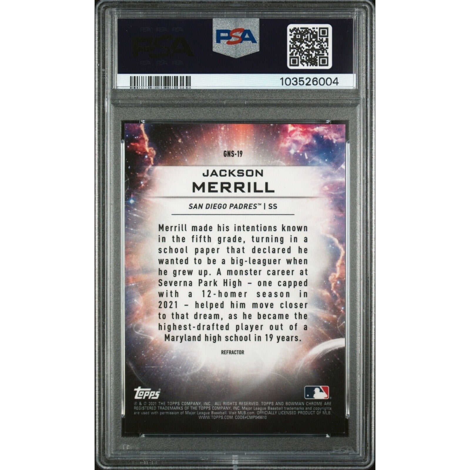 Back view of 2021 Bowman Draft Genesis Jackson Merrill refractor baseball card graded PSA 9 numbered to 250