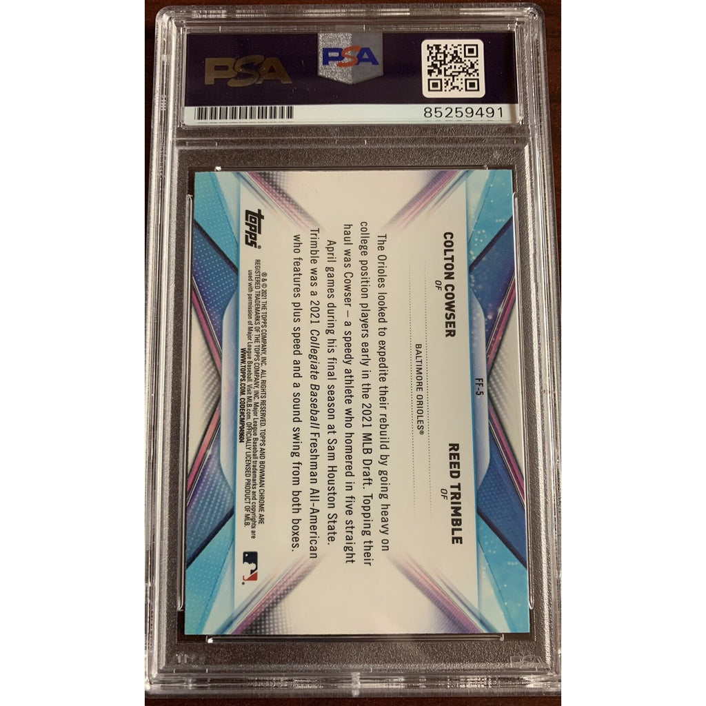 Back view of 2021 Bowman Chrome Colton Cowser FF-5 rookie auto card PSA DNA authenticated