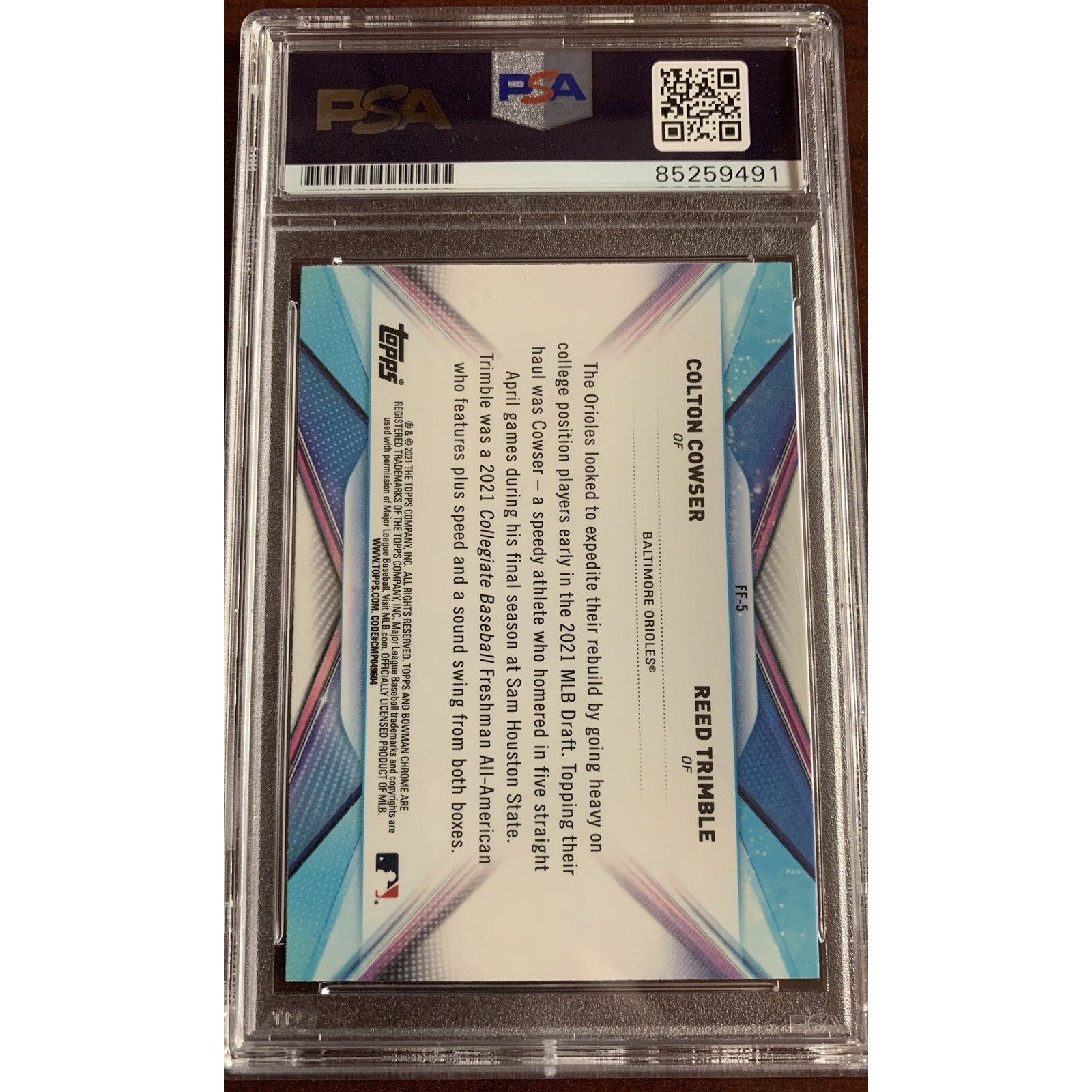 Back view of 2021 Bowman Chrome Colton Cowser FF-5 rookie auto card PSA DNA authenticated