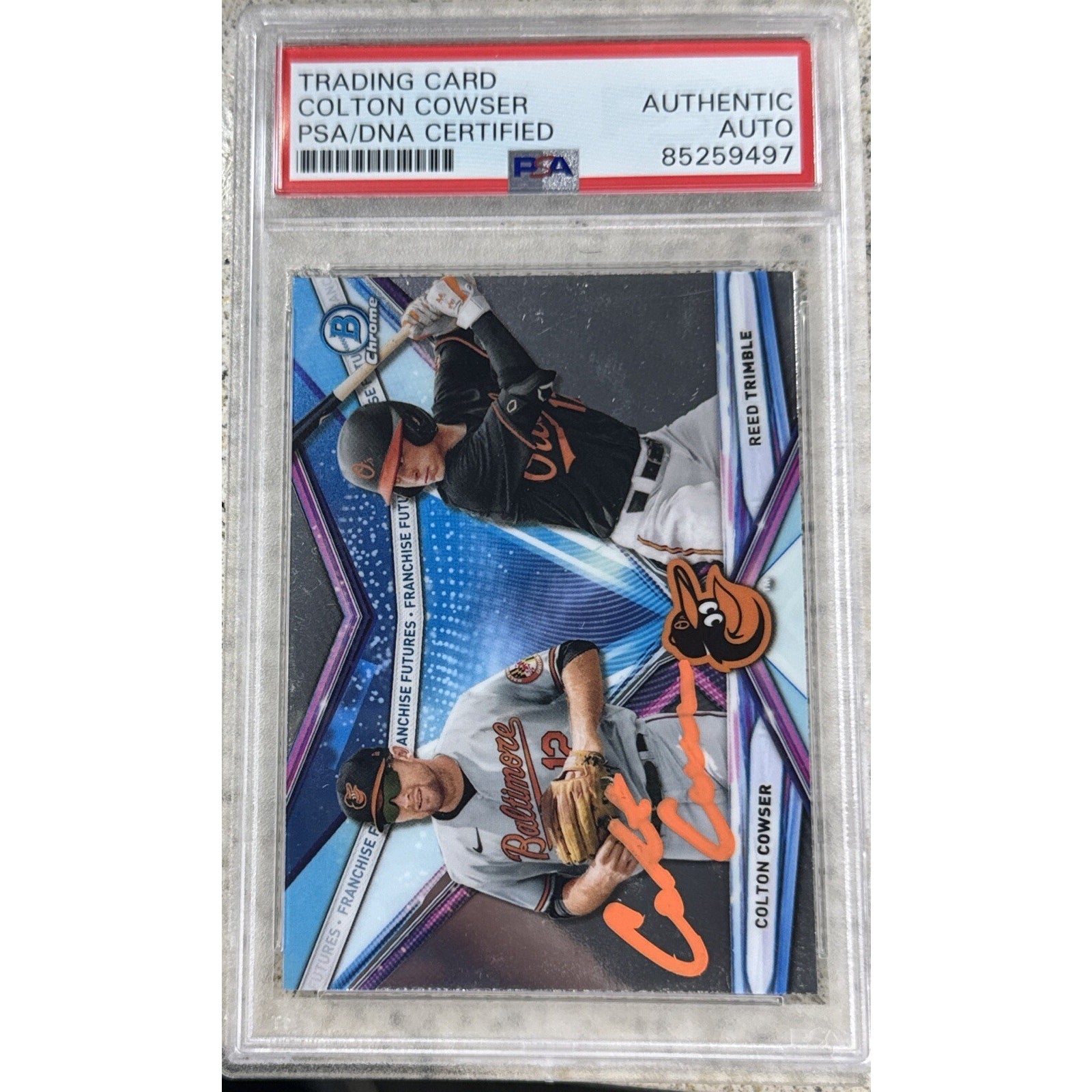 2021 Bowman Chrome Colton Cowser and Reed Trimble FF-5 rookie auto card PSA DNA authenticated front view