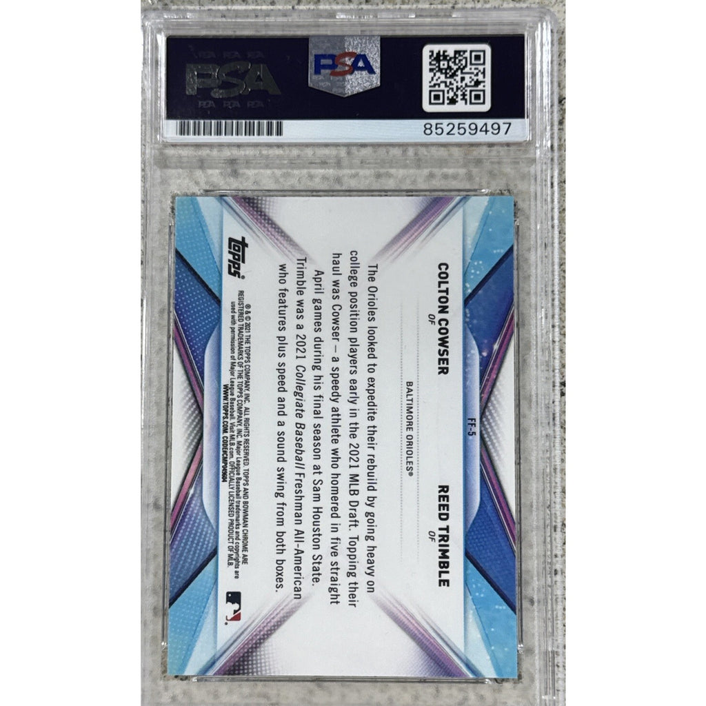 Back view of 2021 Bowman Chrome Colton Cowser Reed Trimble FF-5 auto rookie card PSA DNA authenticated