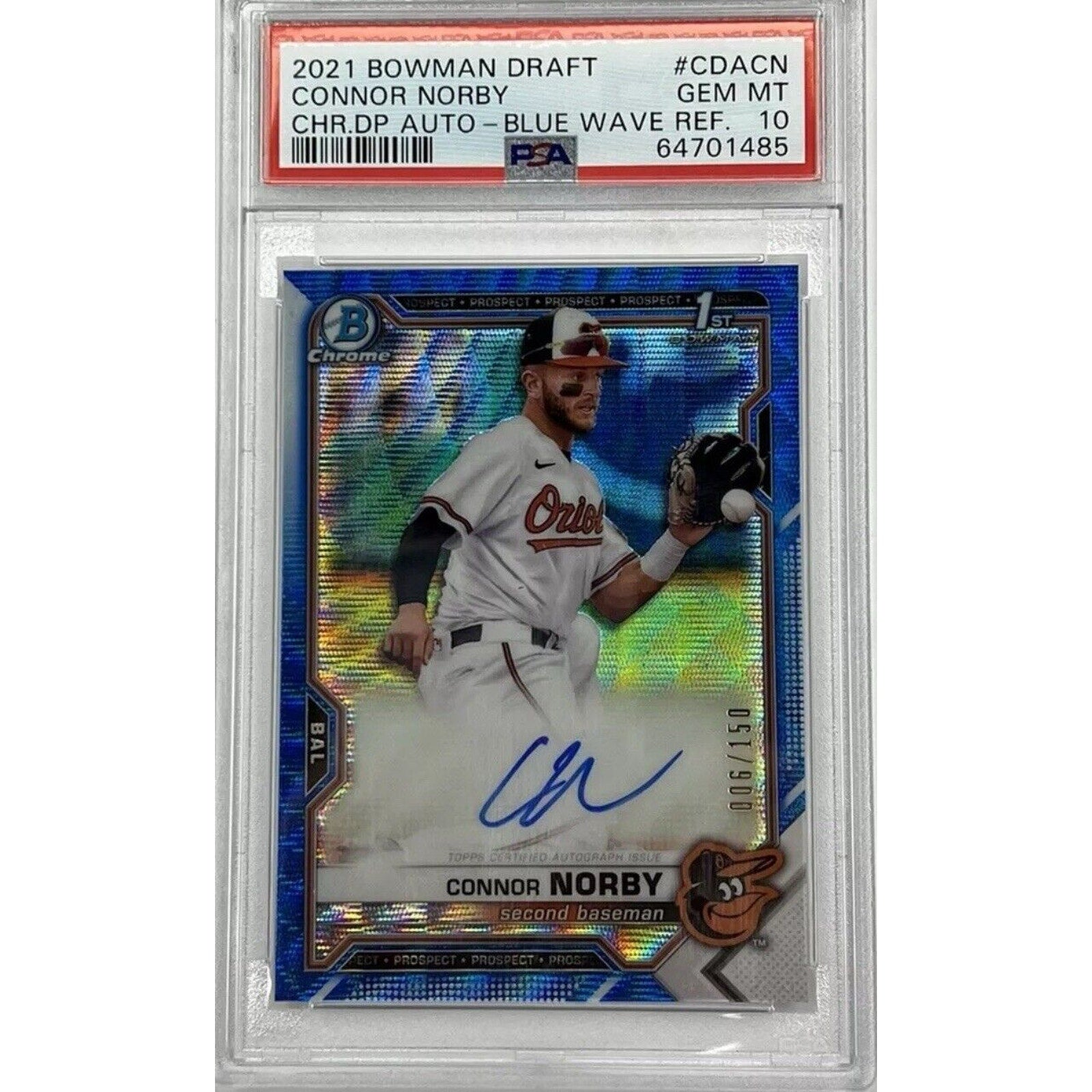2021 Bowman Chrome Draft Connor Norby Blue Wave Refractor autograph PSA 10 card front view