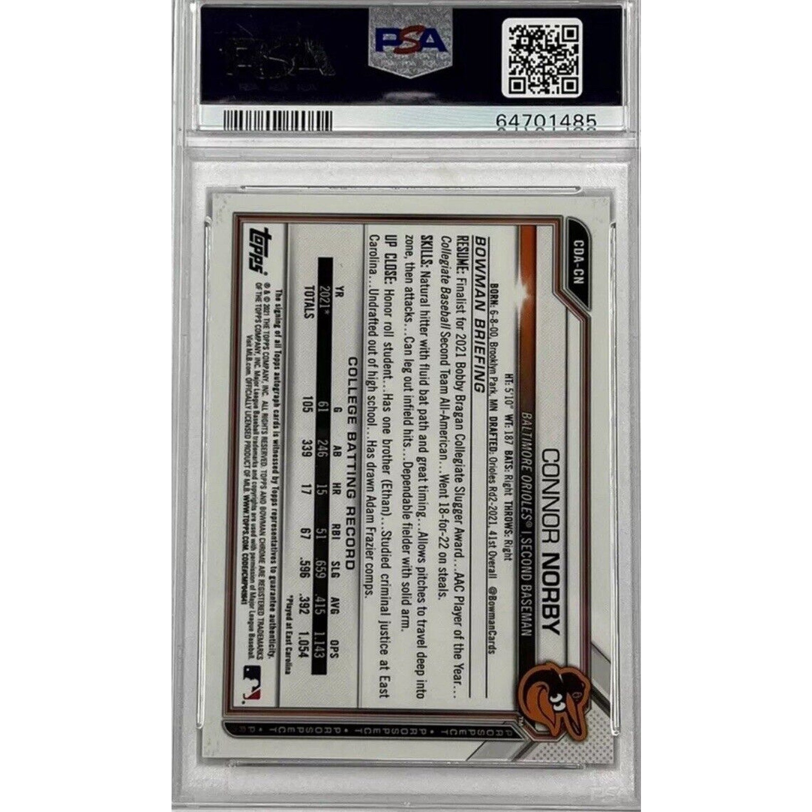 Back view of Connor Norby 2021 Bowman Chrome Draft Blue Wave Refractor autograph card