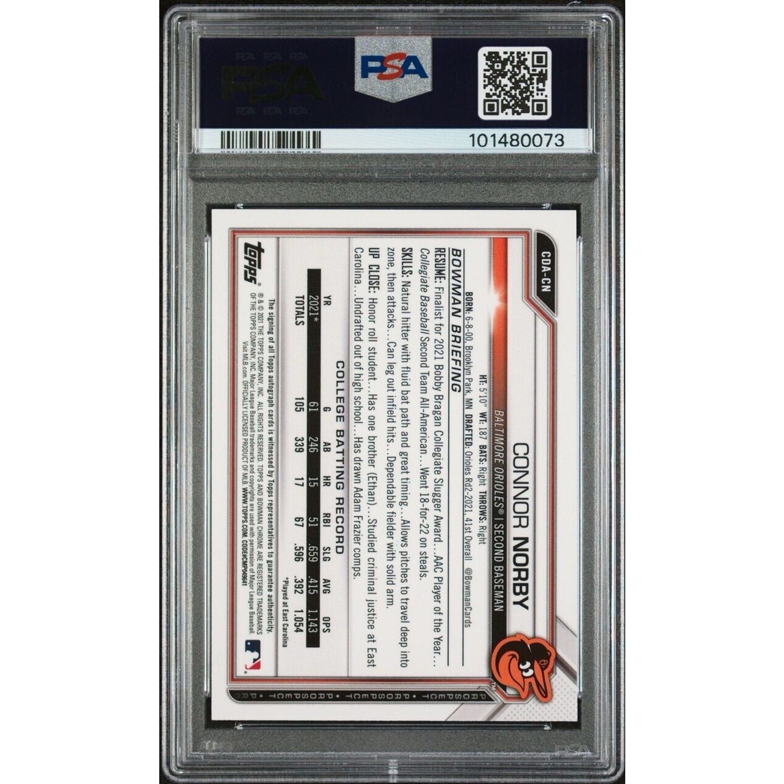 Back of 2021 Bowman Draft Connor Norby Chrome auto rookie card PSA authenticated collectible