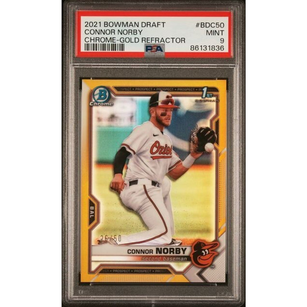 2021 Bowman Draft 1st Chrome Connor Norby Gold Refractor BDC50 PSA 9 rookie baseball card front view