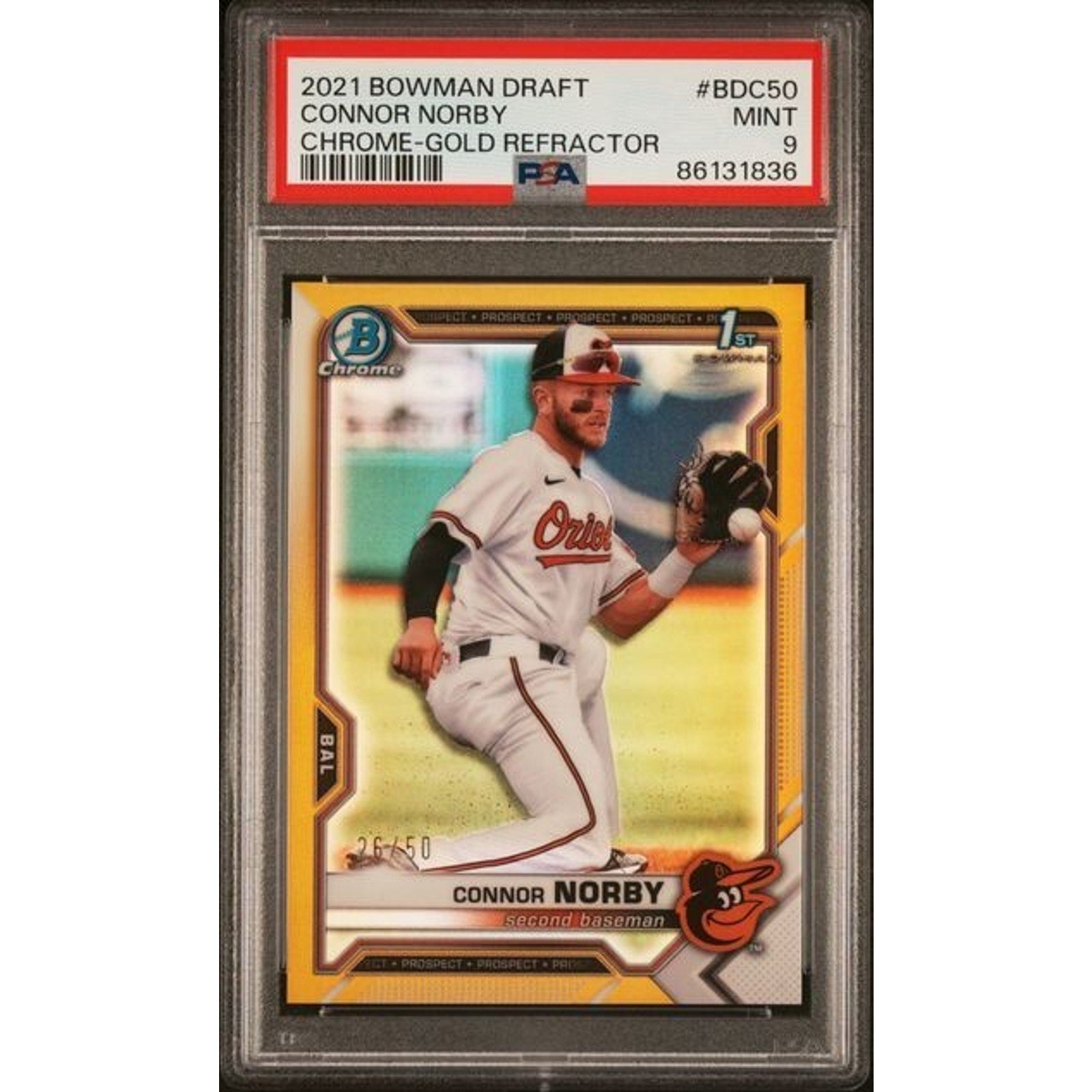 2021 Bowman Draft 1st Chrome Connor Norby Gold Refractor BDC50 PSA 9 rookie baseball card front view