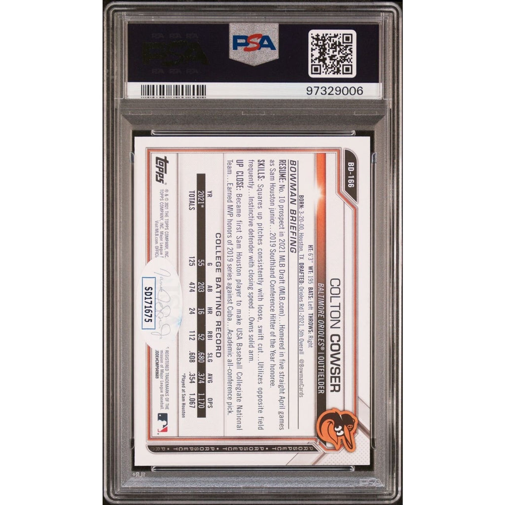 Back of 2021 Bowman Draft Colton Cowser rookie auto card PSA authenticated Baltimore Orioles collectible
