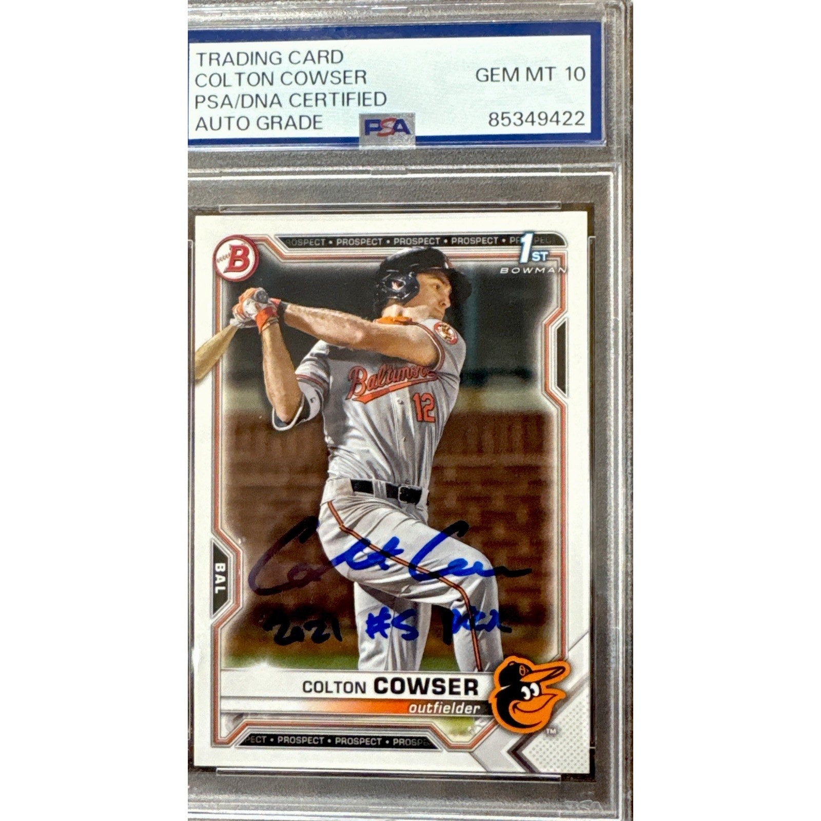 2021 Bowman Draft Colton Cowser 1st Bowman autograph rookie card #BDC-166 PSA DNA 10 Gem Mint Baltimore Orioles front view