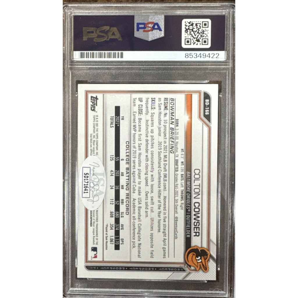 Back view of 2021 Bowman Draft Colton Cowser 1st Bowman auto baseball card graded PSA DNA 10 Gem Mint for Orioles collectors