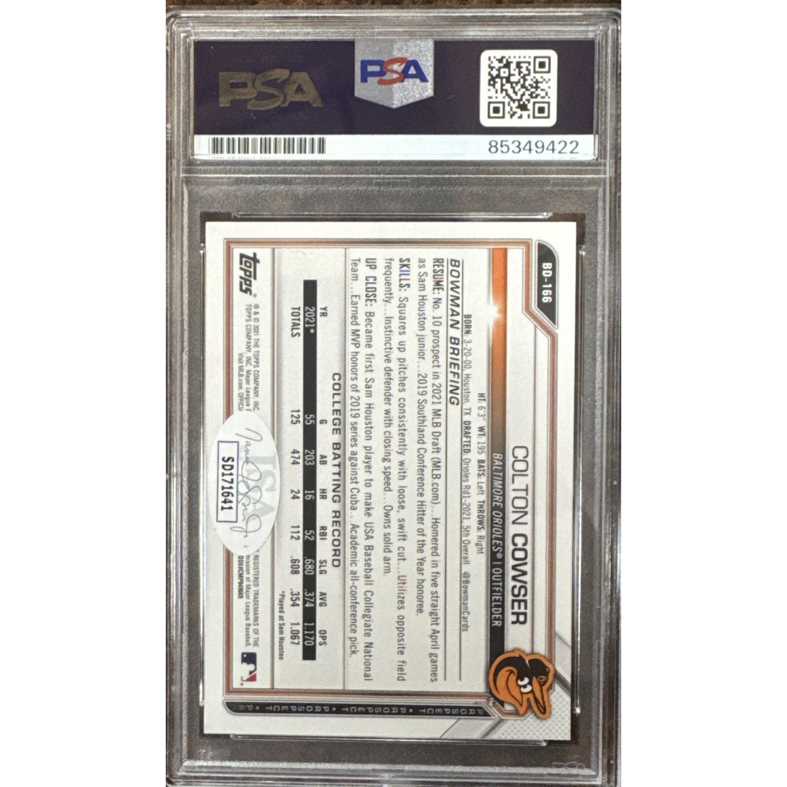 Back view of 2021 Bowman Draft Colton Cowser 1st Bowman auto baseball card graded PSA DNA 10 Gem Mint for Orioles collectors