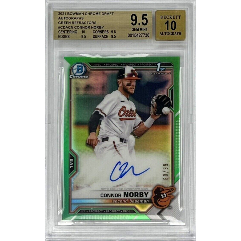 2021 Bowman Draft Connor Norby Green Refractor auto rookie card #CDACN /99 BGS 9.5 Auto 10 front view