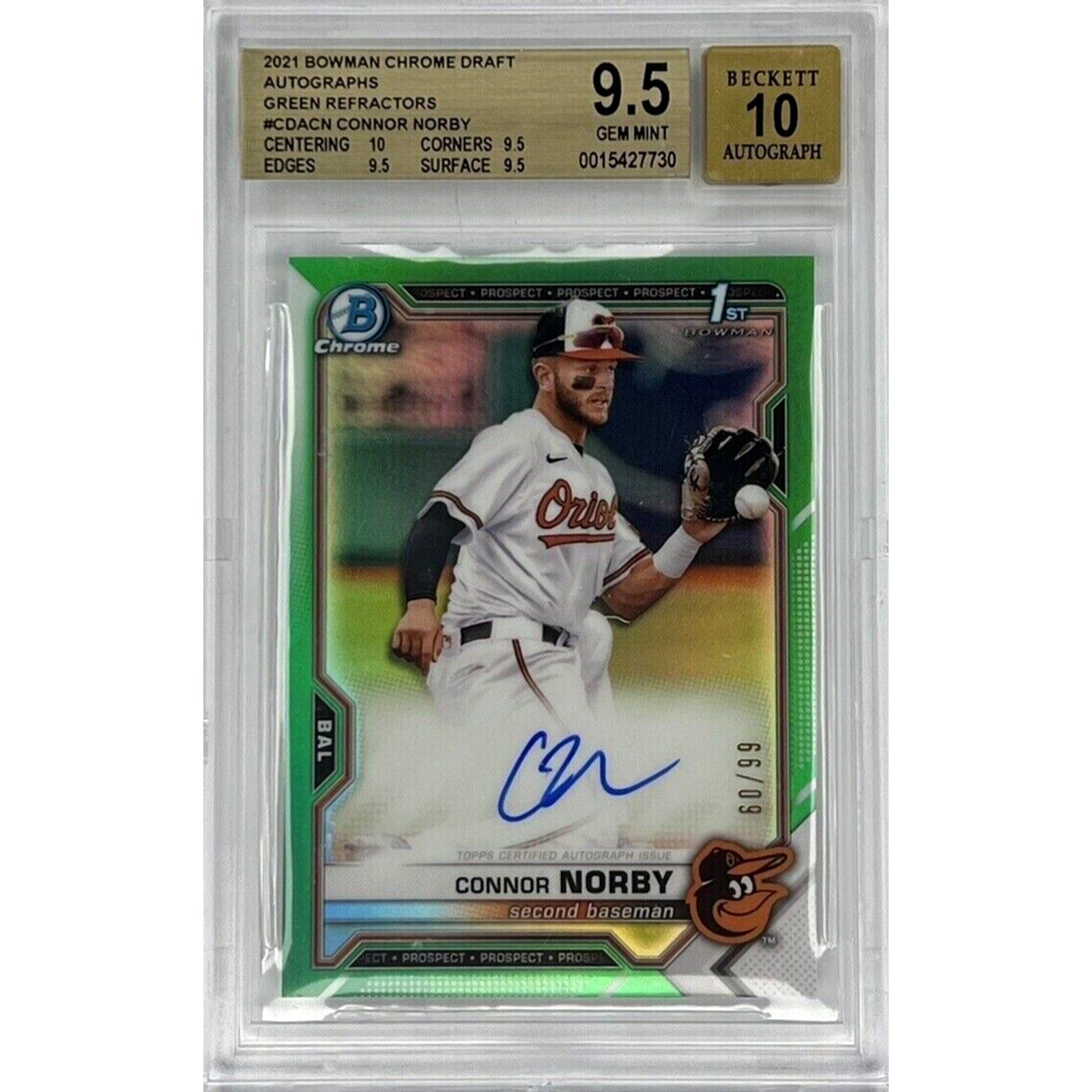 2021 Bowman Draft Connor Norby Green Refractor auto rookie card #CDACN /99 BGS 9.5 Auto 10 front view