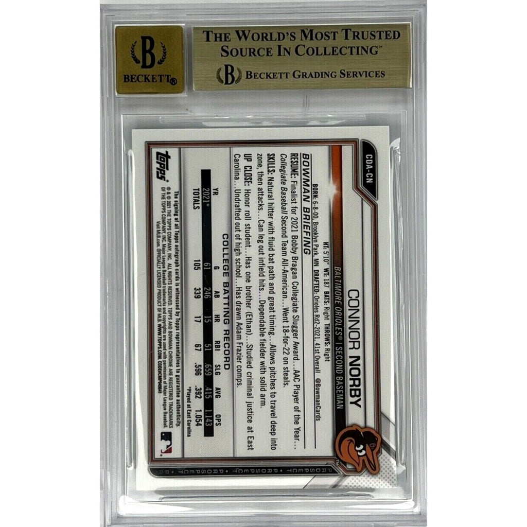 Back view of 2021 Bowman Draft Connor Norby Green Refractor autograph card /99 BGS 9.5 Auto 10