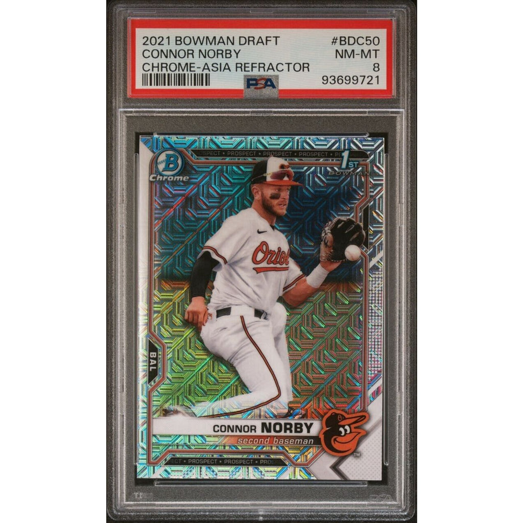 2021 Bowman Draft Chrome Connor Norby Asia Mojo Refractor PSA rookie card front view