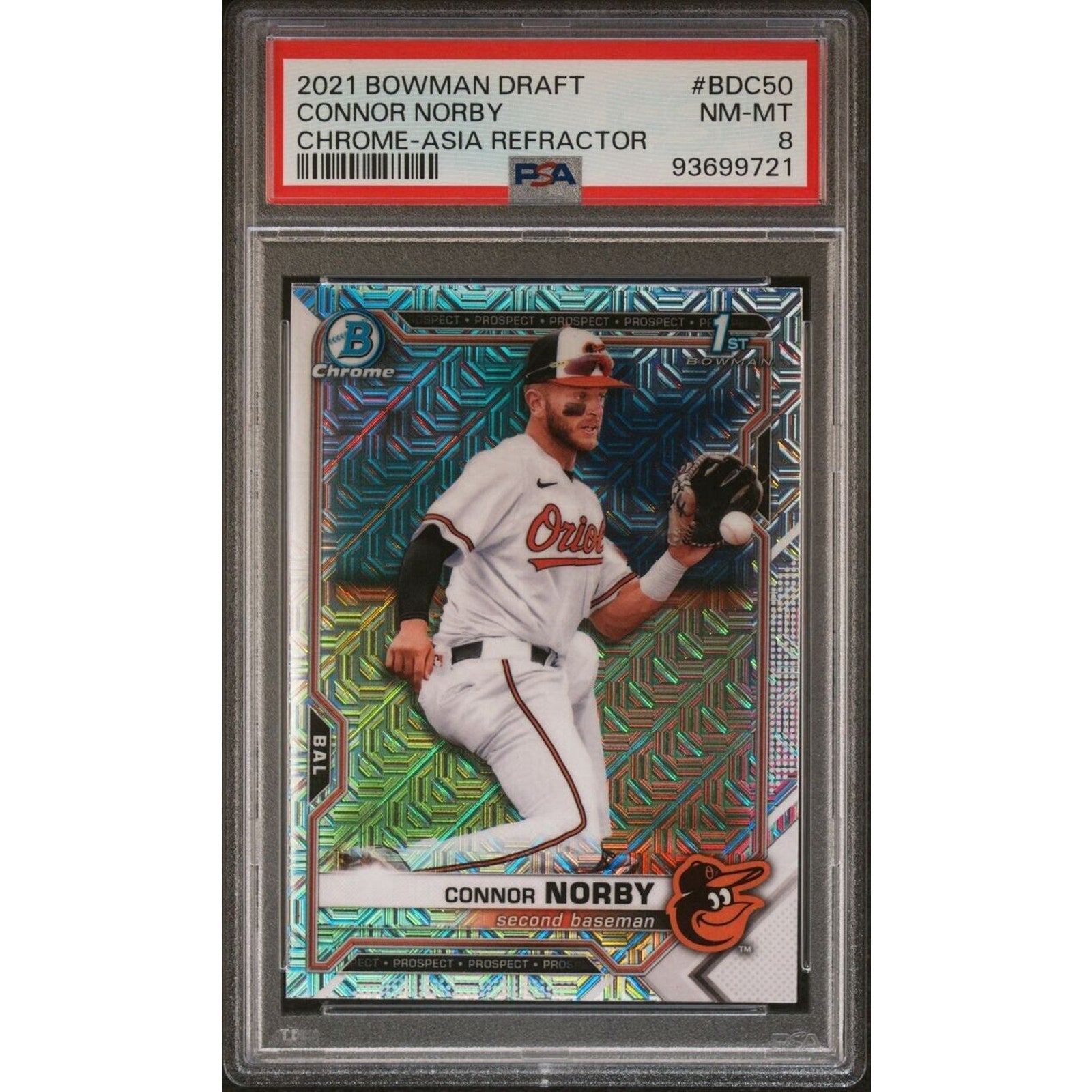 2021 Bowman Draft Chrome Connor Norby Asia Mojo Refractor PSA rookie card front view