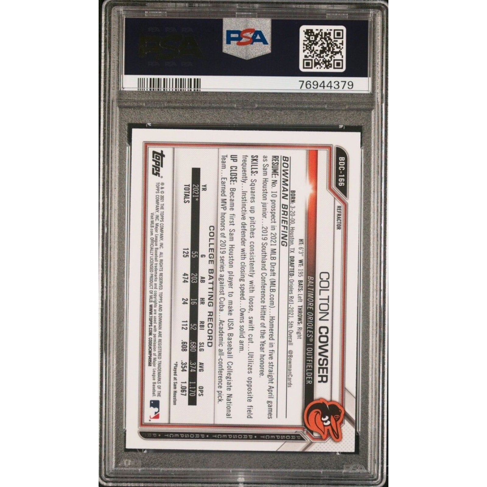 Back of PSA graded Colton Cowser Bowman Draft Chrome refractor baseball card