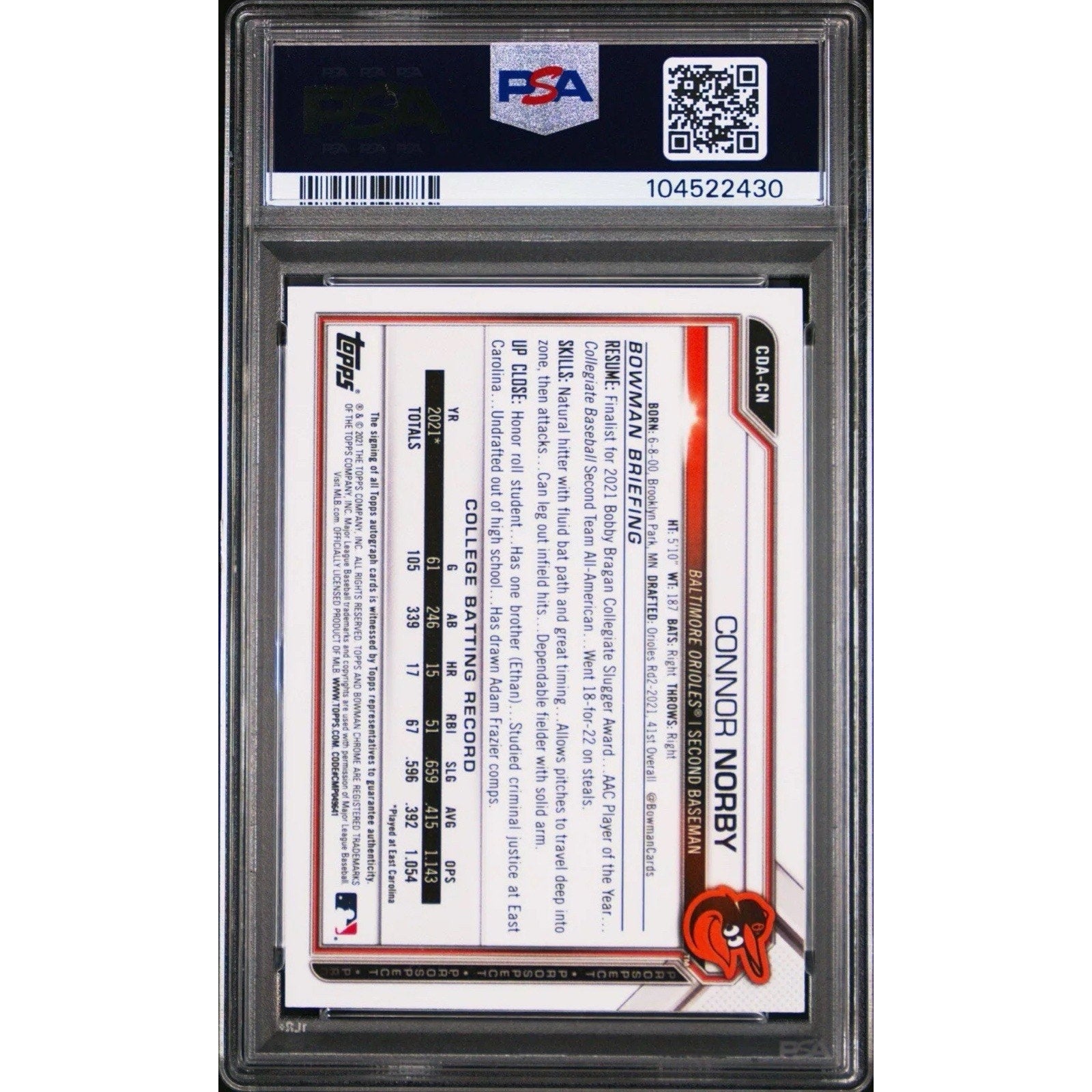 Back of Connor Norby Bowman Draft Black Refractor autograph card graded PSA 10