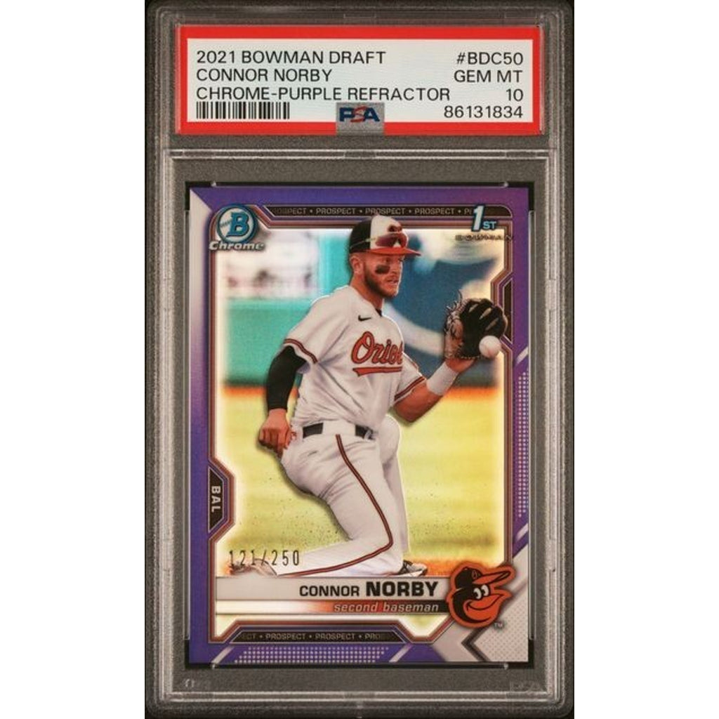 2021 Bowman Draft Chrome Connor Norby Purple Refractor BDC50 PSA 10 rookie baseball card front view