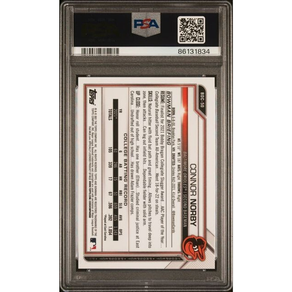 Back view of 2021 Bowman Draft Chrome Connor Norby Purple Refractor /250 PSA 10 graded trading card