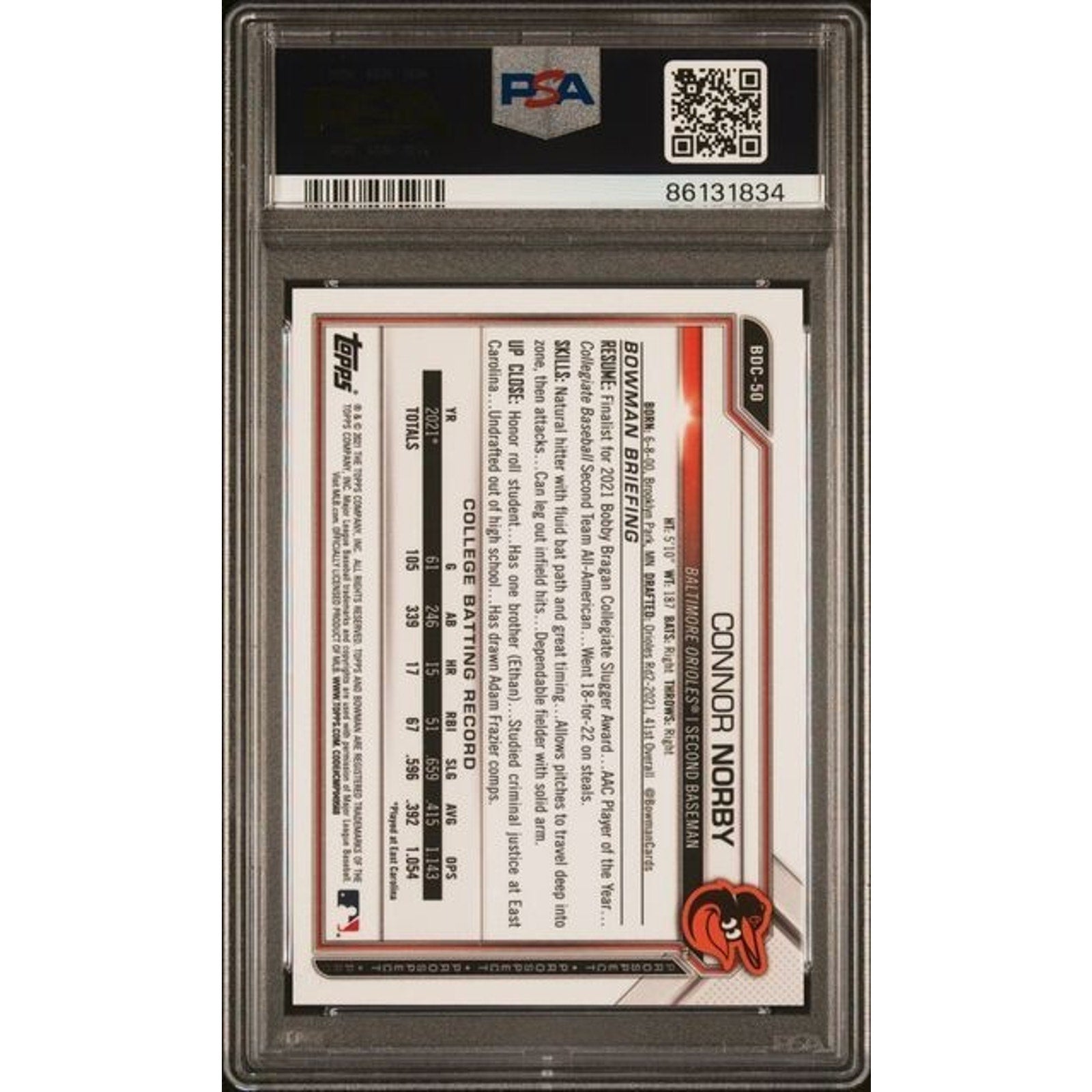 Back view of 2021 Bowman Draft Chrome Connor Norby Purple Refractor /250 PSA 10 graded trading card