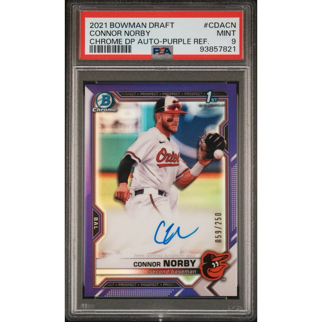 2021 Bowman Draft Chrome Connor Norby Purple Refractor Auto PSA 9 rookie card front