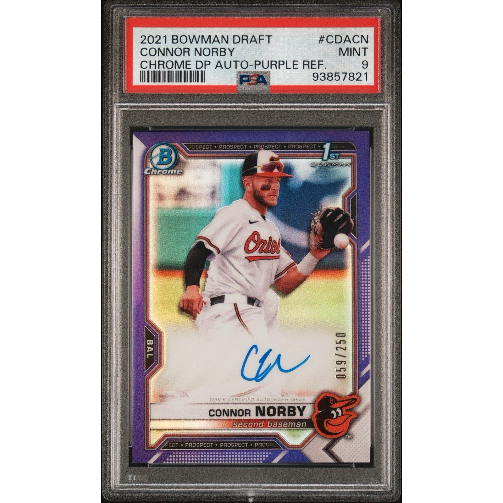 2021 Bowman Draft Chrome Connor Norby Purple Refractor Auto PSA 9 rookie card front