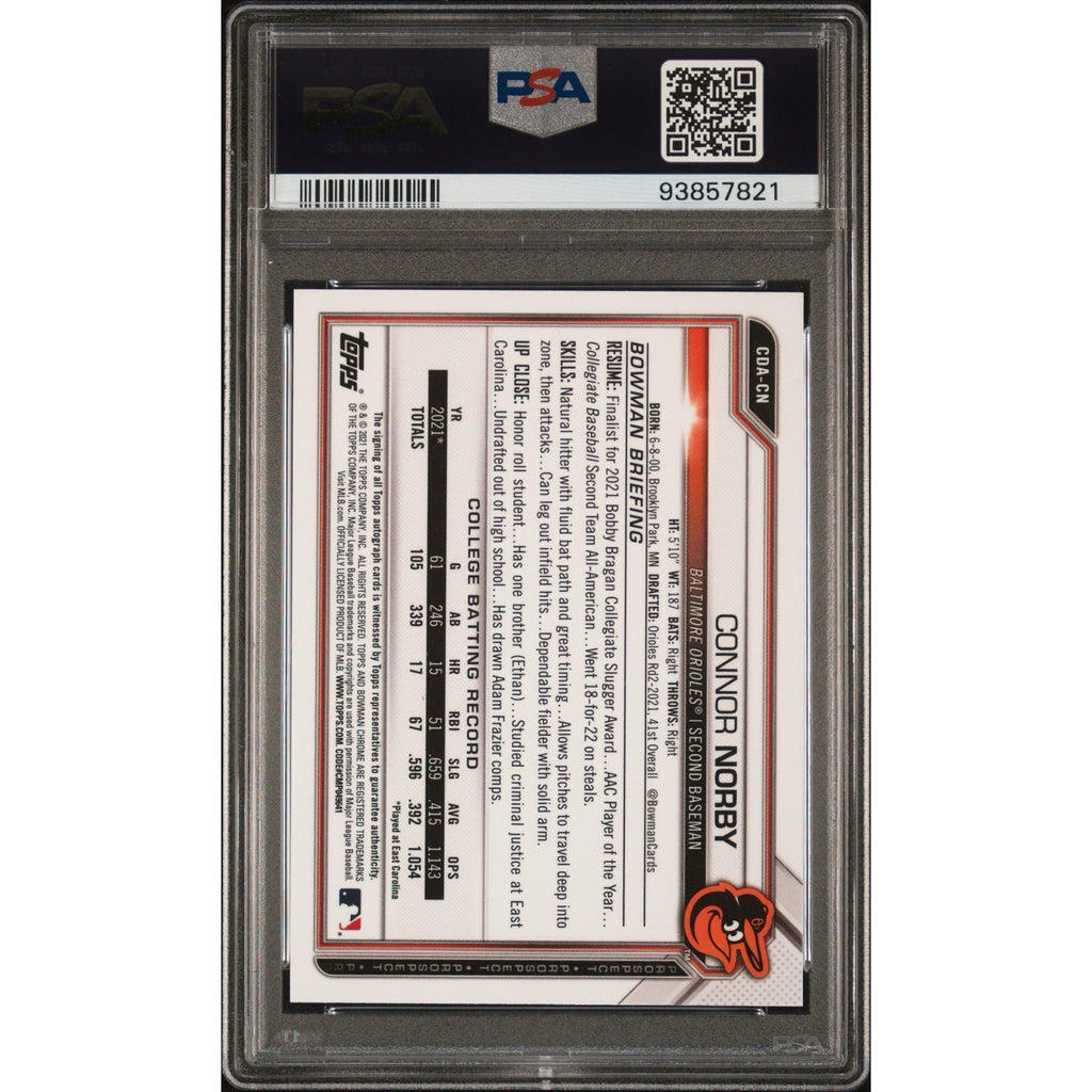 Back of 2021 Bowman Draft Chrome Connor Norby Purple Refractor Auto PSA 9 card
