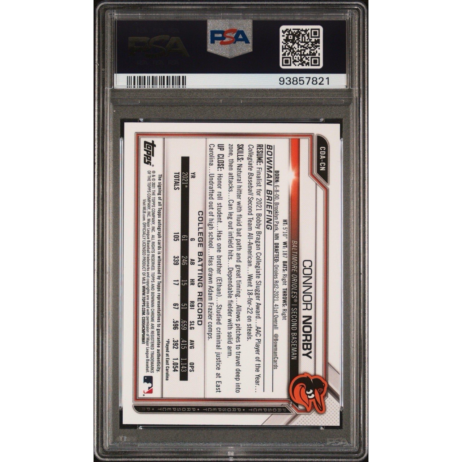 Back of 2021 Bowman Draft Chrome Connor Norby Purple Refractor Auto PSA 9 card