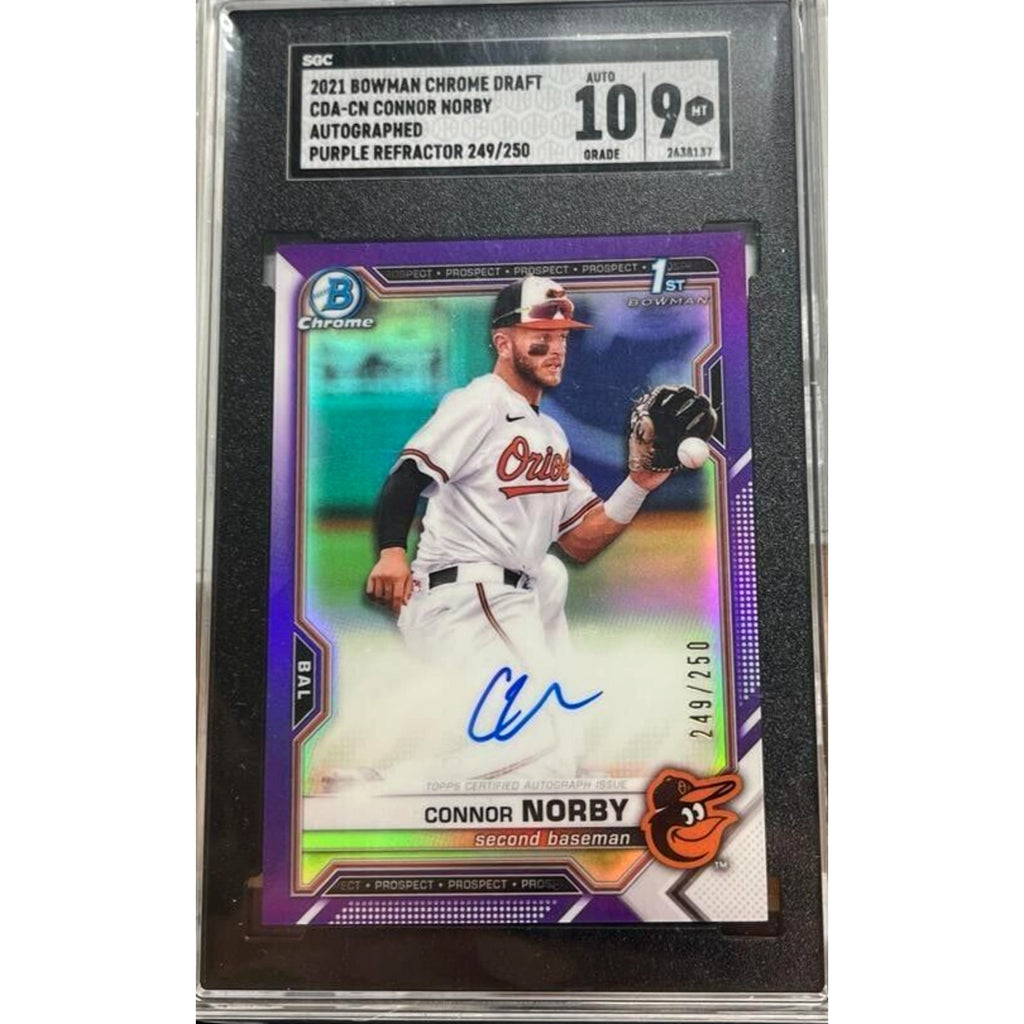 2021 Bowman Draft Chrome Connor Norby Purple Refractor auto rookie card SGC 9 Auto 10 front view
