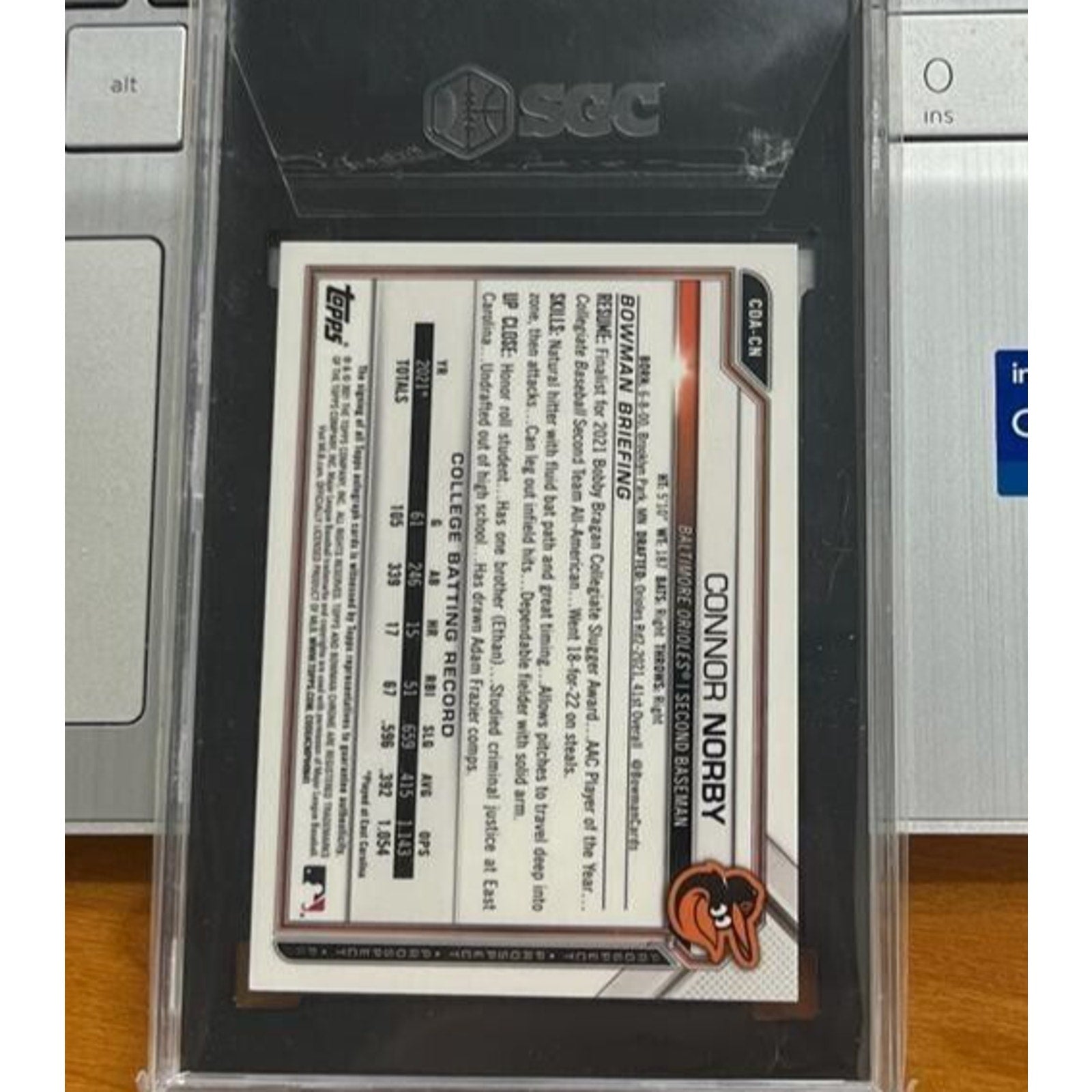 Back view of 2021 Bowman Draft Chrome Connor Norby Purple Refractor autograph card /250 SGC 9 Auto 10