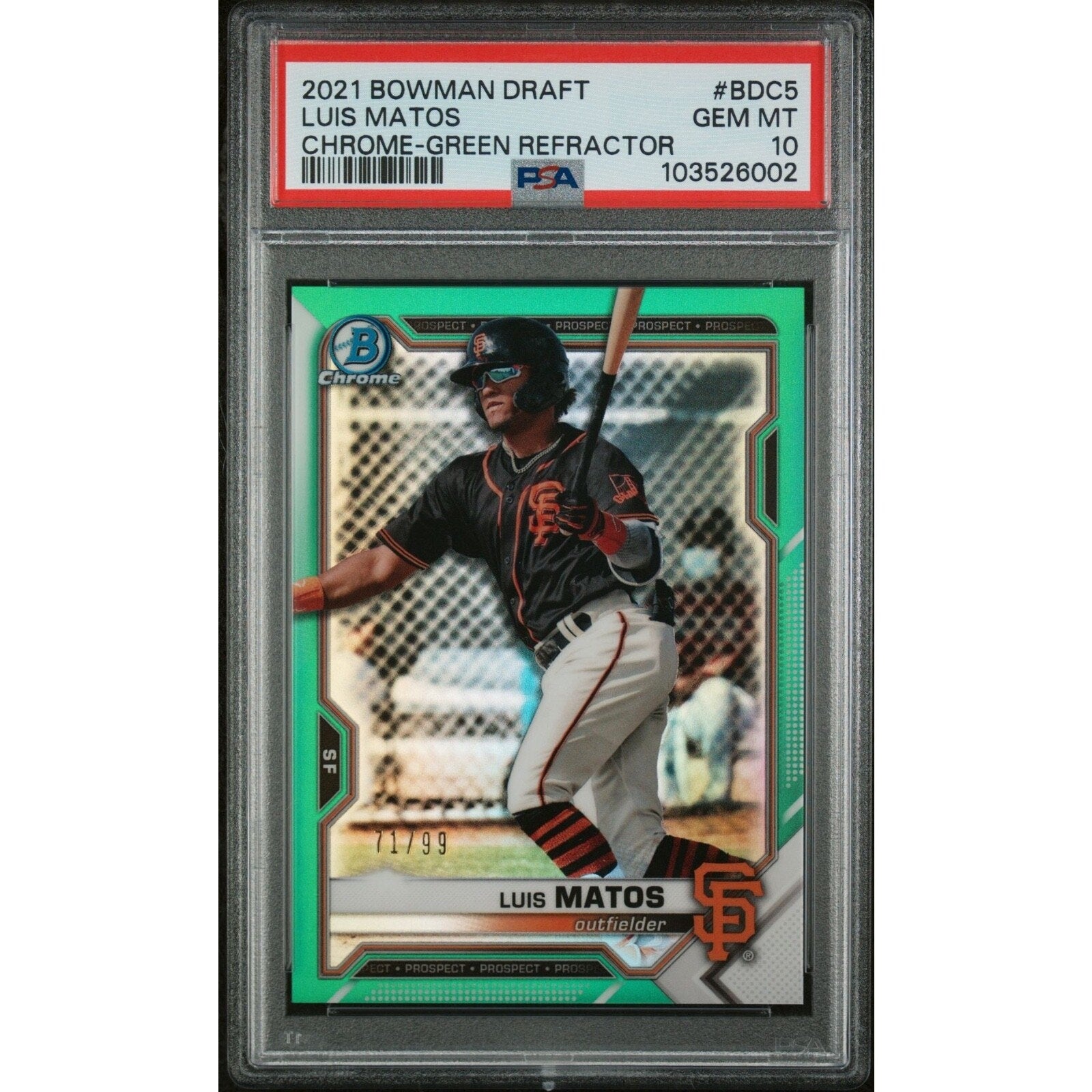 2021 Bowman Draft Chrome Luis Matos Green Refractor #BDC-5 /99 PSA 10 San Francisco Giants baseball card front view