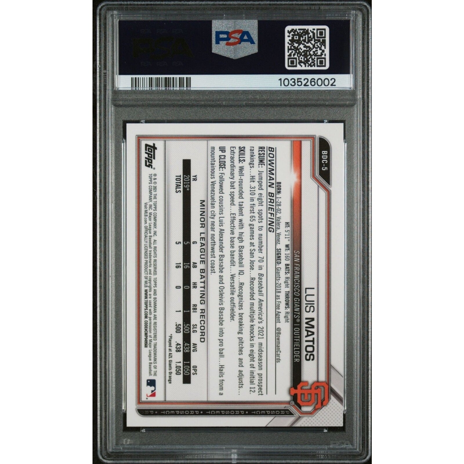 Back view of 2021 Bowman Draft Chrome Luis Matos Green Refractor baseball card graded PSA 10 numbered to 99