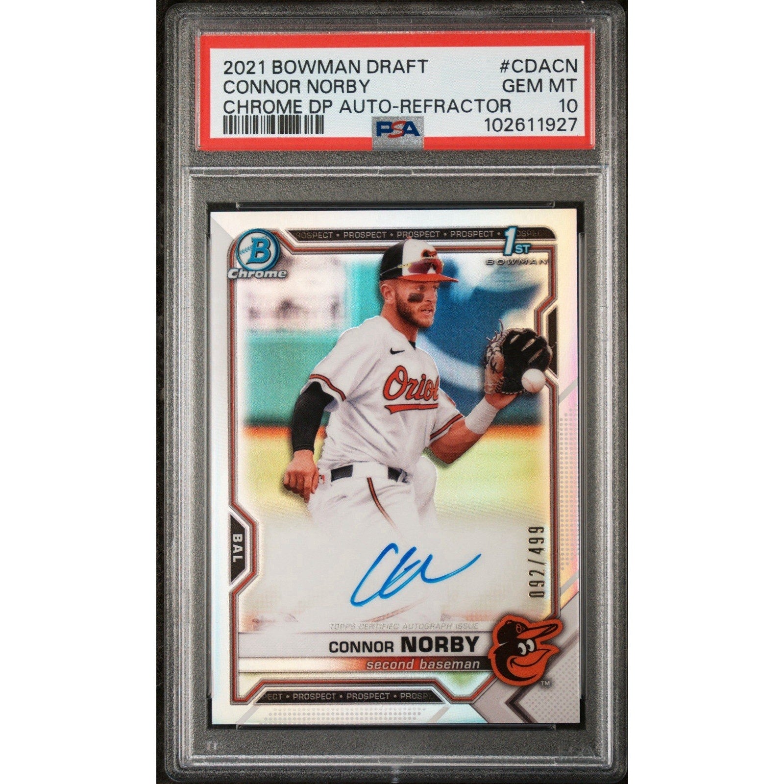 2021 Bowman Draft Connor Norby Chrome Refractor autograph card PSA 10 numbered /499