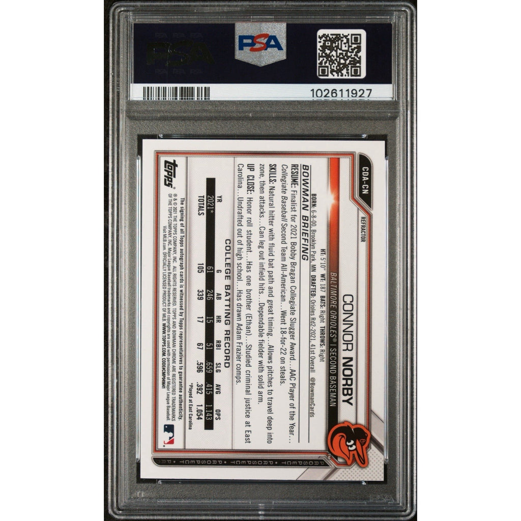 Back of Connor Norby 2021 Bowman Draft Chrome autograph refractor card in PSA slab