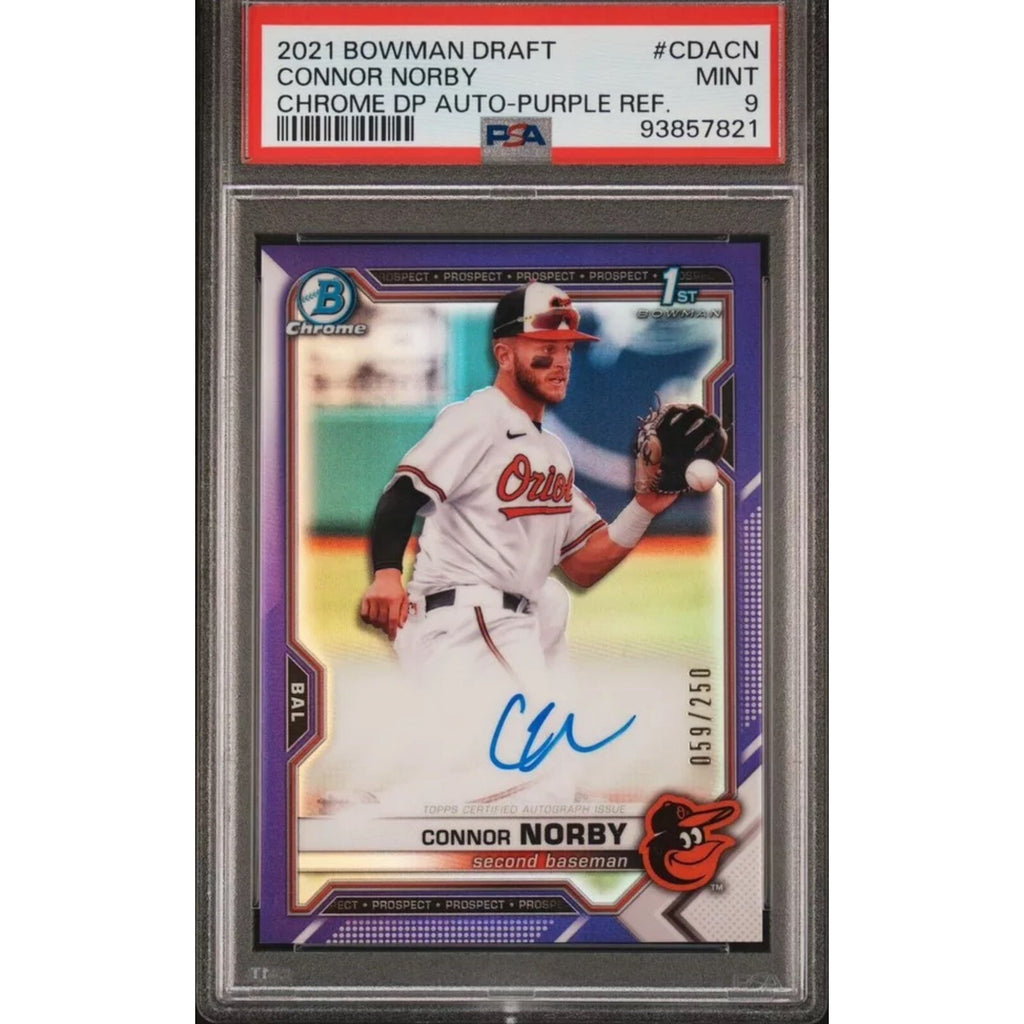 2021 Bowman Draft Connor Norby Purple Refractor auto rookie card /250 PSA 9 Mint front view