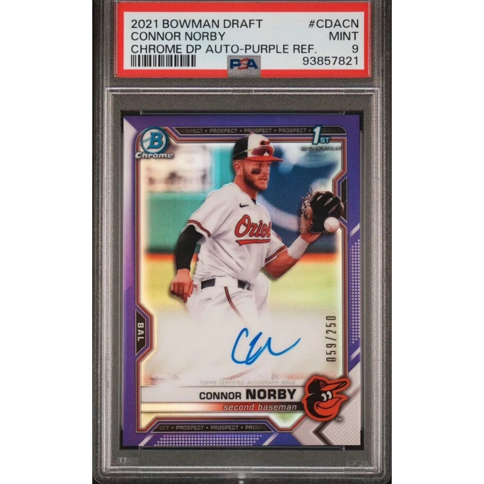 2021 Bowman Draft Connor Norby Purple Refractor auto rookie card /250 PSA 9 Mint front view