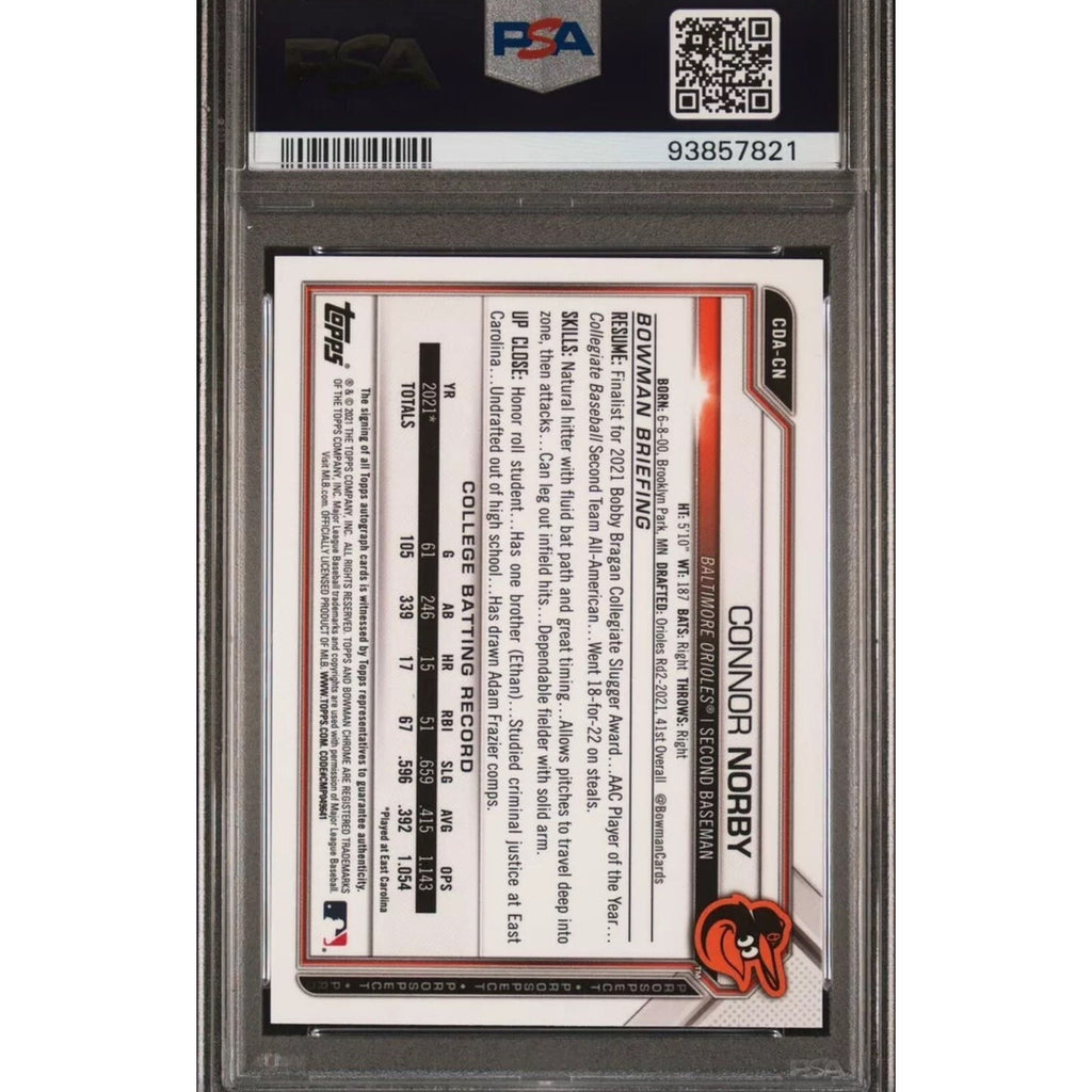 Back view of 2021 Bowman Draft Connor Norby Purple Refractor autograph card /250 PSA 9 Mint