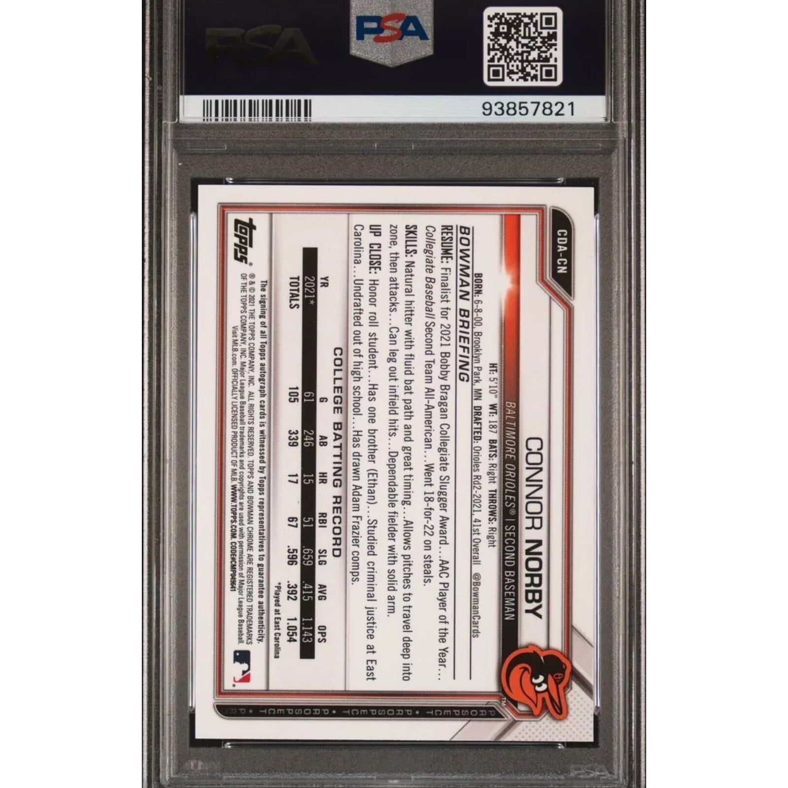 Back view of 2021 Bowman Draft Connor Norby Purple Refractor autograph card /250 PSA 9 Mint