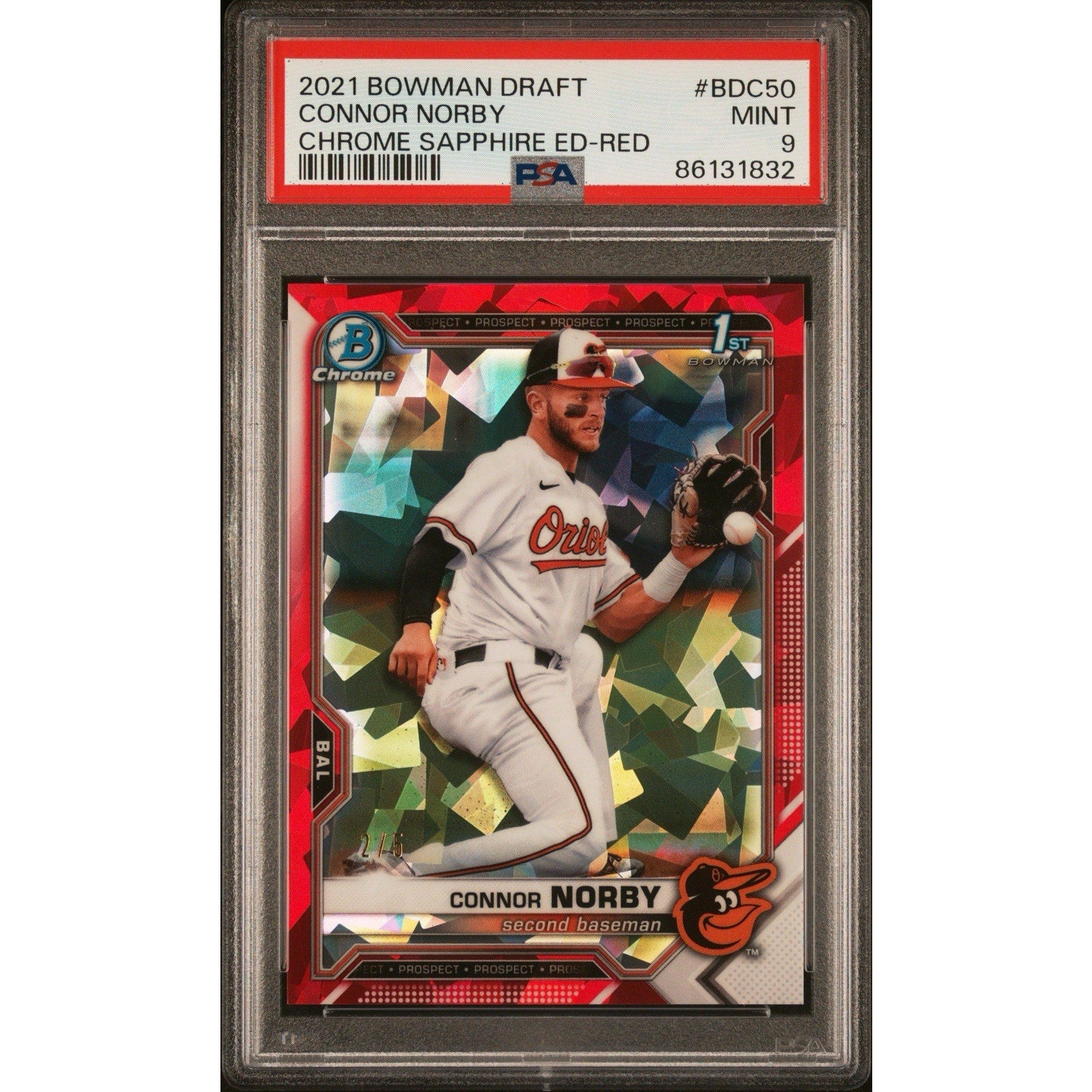 2021 Bowman Draft Connor Norby Chrome Sapphire Edition Red Refractor #BDC-50 /5 PSA 9 rookie baseball card front view