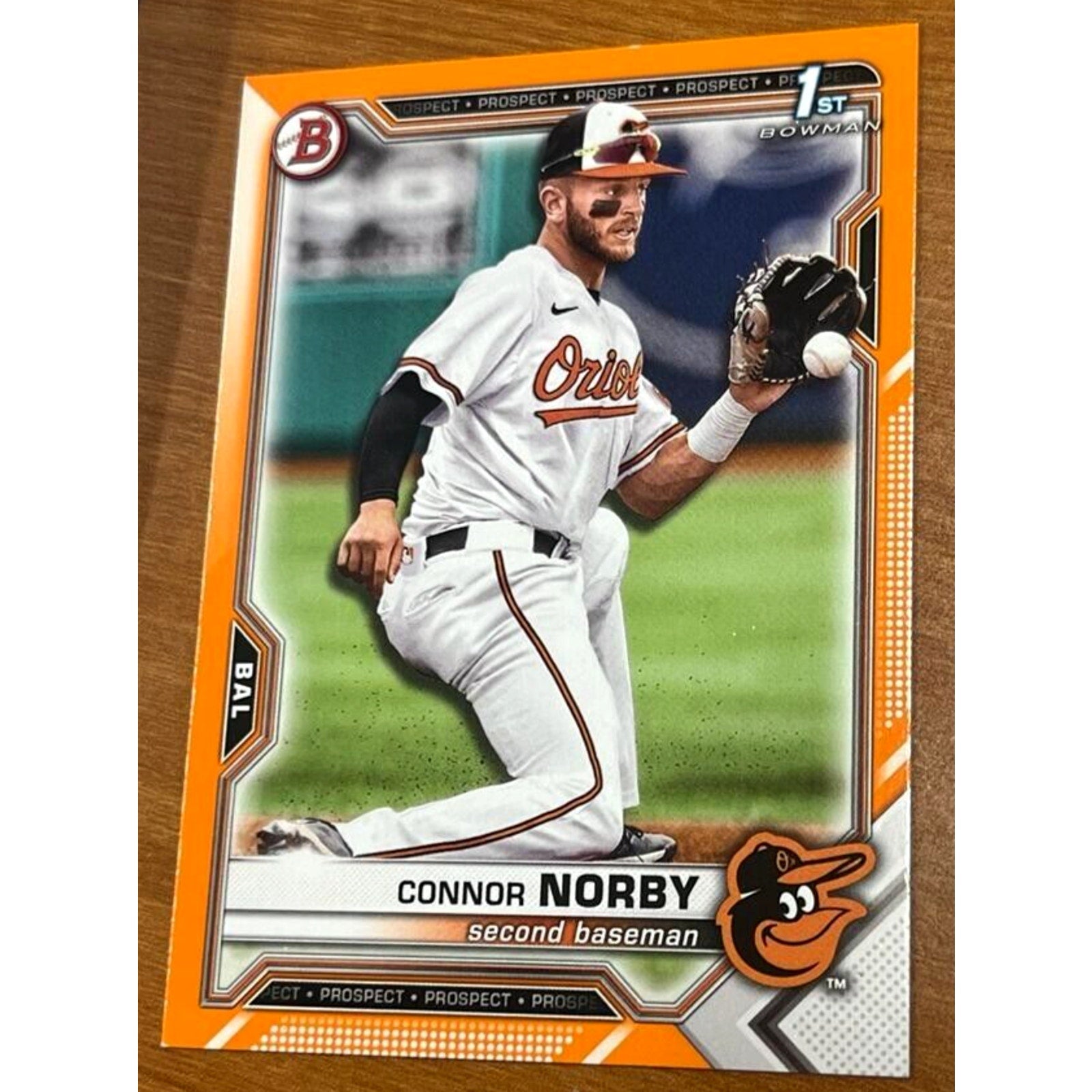 2021 Bowman Draft Connor Norby Orange Refractor rookie card BD50 front view Orioles