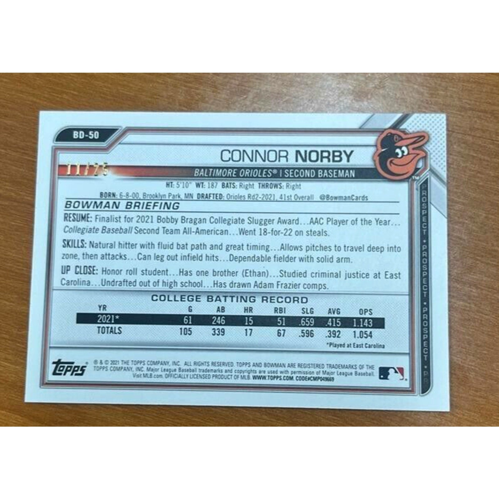 Back view of 2021 Bowman Draft Connor Norby Orange Refractor rookie card BD50
