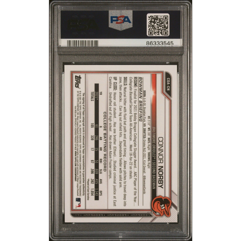 Back of Connor Norby Bowman Draft Sparkle Refractor autograph card graded PSA 10