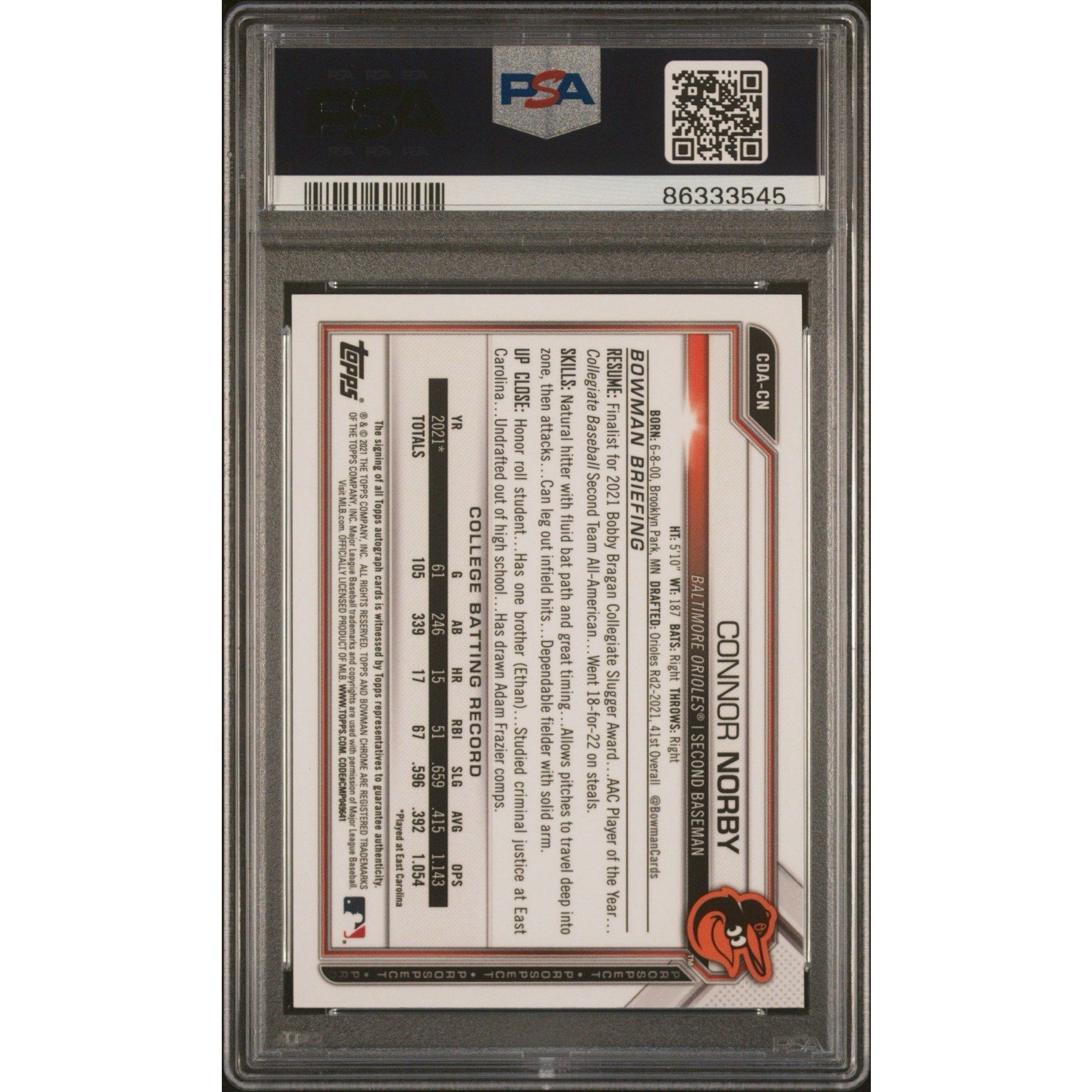Back of Connor Norby Bowman Draft Sparkle Refractor autograph card graded PSA 10