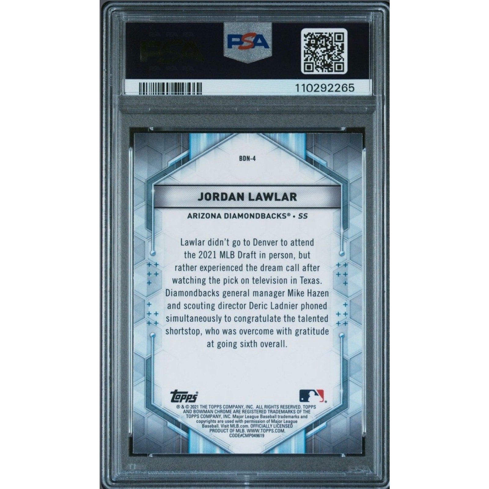 Back of Jordan Lawlar Bowman Draft Draft Night BDN-4 PSA 10 card