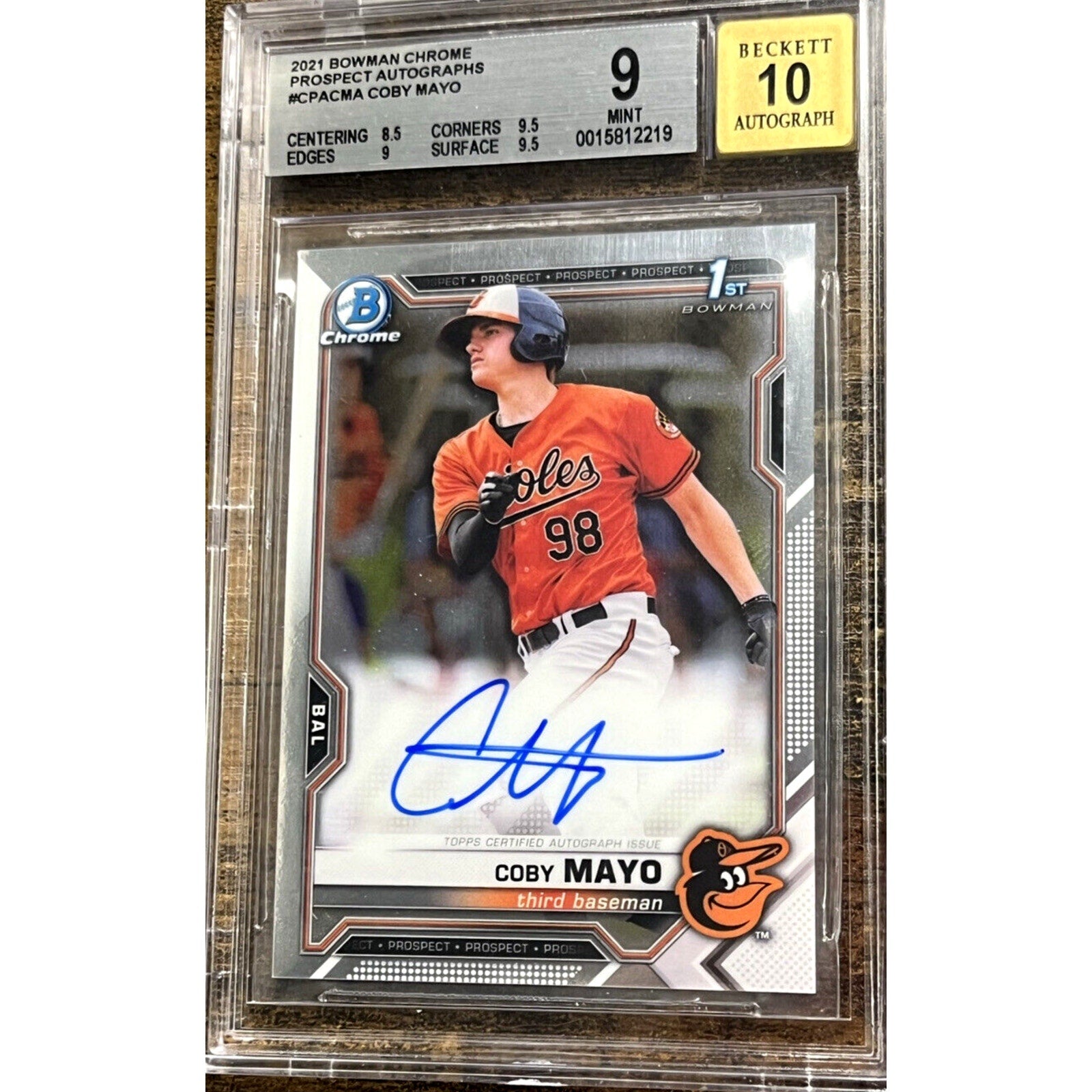 2021 Bowman Draft Coby Mayo 1st Bowman Chrome Auto rookie card #CPACMA BGS 9 Auto 10 front view